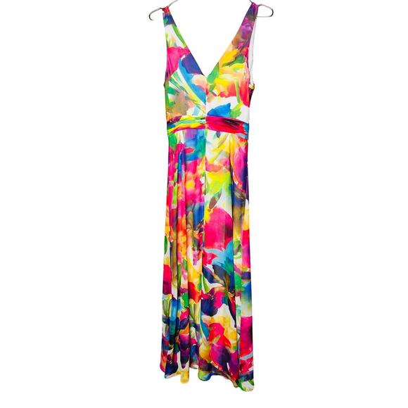 LIV FOSTER Tie Dye Multicolor Floral Abstract Side Cutout A-Line Gown Size 10 - Picture 5 of 16
